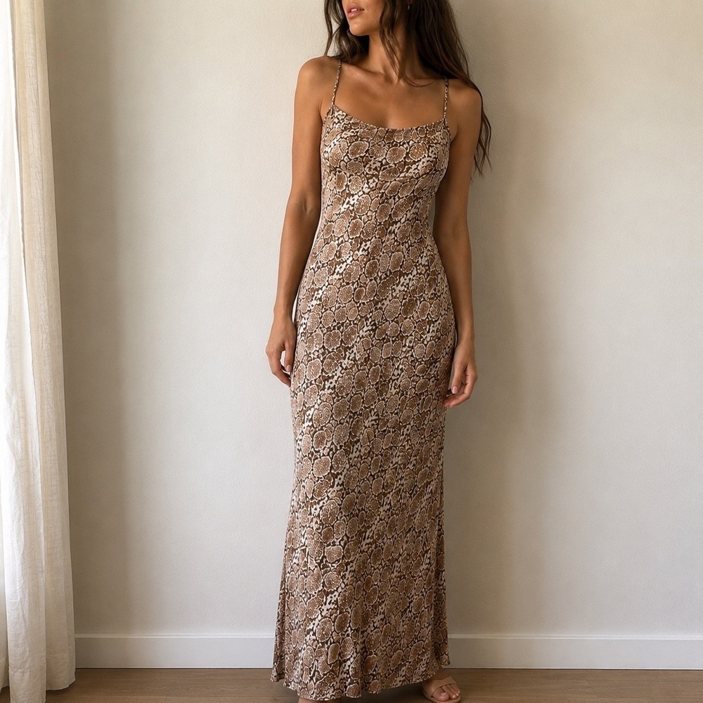 RESA Micah Brown Snake Print Maxi Skip Dress Snakeskin XS Y2K Mob Wife Indie